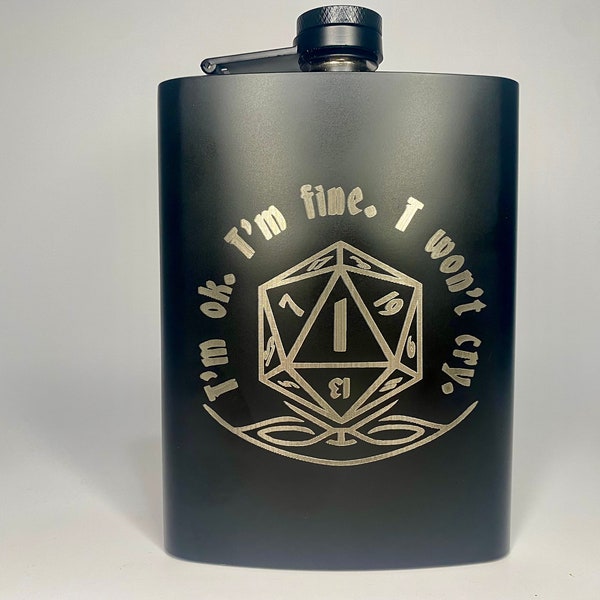 Dungeons and Dragons Hip Flask with D20 Dice, Hilarious Critical Failure, Funny Text, 8oz, D&D, GM Gift, dnd accessories, gamer boyfriend