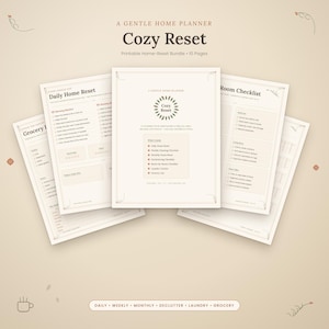 Könnte beinhalten: Ein druckbares Haushaltsplaner-Set mit dem Titel Cozy Reset, bestehend aus 10 Seiten, darunter ein Daily Home Reset, eine Einkaufsliste und eine Raum-Checkliste. Die Dokumente sind cremefarben mit dunkelbraunem Text und enthalten Checklisten.