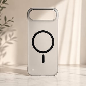 May include: A translucent, matte-finish smartphone case featuring a large black circular ring graphic with a small vertical line segment below it. The case has a wide, rectangular cutout at the top and a small, subtle logo in the bottom left corner.