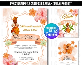 Op de afbeelding: Digitale uitnodiging voor een verjaardag met een illustratie van een meisje in traditionele kleding. Het ontwerp bevat bloemen, een banner en de tekst "Nala's Birthday". De tekst "Modifiable sur Canva" is ook aanwezig.