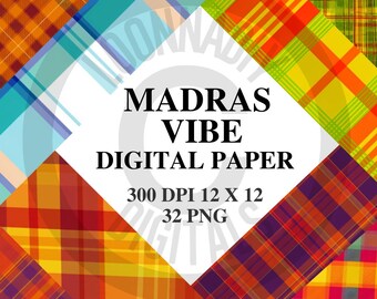 May include: A digital paper pack featuring a variety of Madras plaid patterns in shades of orange, yellow, red, and purple. The text "Madras Vibe Digital Paper" is displayed in the center, along with the specifications: 300 DPI, 12 x 12 inches, and 32 PNG files.