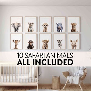 Safari nursery animal prints printable set of 10 prints, Safari wall art, Cute baby animals prints for jungle nursery decor, Neutral nursery
