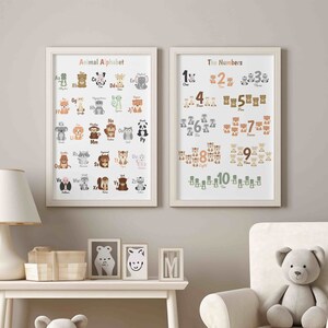 Animal alphabet and numbers prints for nursery, Set of 2 printable educational nursery wall art, ABC poster kids room decor, Classroom decor