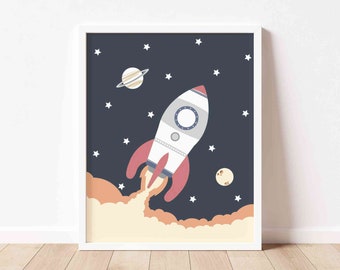 Rocket ship print for kids room decor, Space rocket printable wall art for nursery, Spaceship wall art, Outer space poster for toddler boys