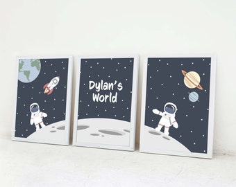 Space wall art set of 3 nursery prints for space themed nursery, Custom outer space prints for kids, Solar system print, Boys bedroom decor