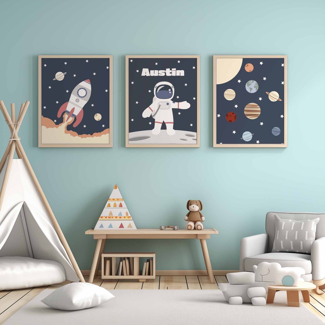 Space Themed Nursery Wall Art Set of 3, Personalized Baby Name Space ...