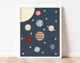 Stampa artistica da parete per bambini con stampa del sistema solare, stampa per vivaio spaziale, arte murale spaziale educativa per l'apprendimento di poster di pianeti, arredamento per aule e camere per bambini