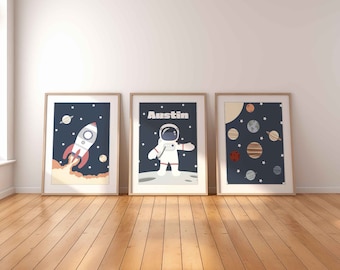 Space themed nursery wall art set of 3, Personalized baby name space print sign, Astronaut print toddler boy room decor, Solar system poster