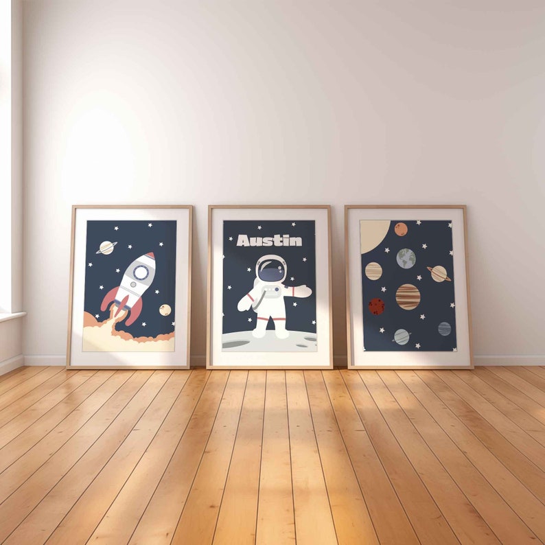 Space Themed Nursery Wall Art Set of 3, Personalized Baby Name Space ...
