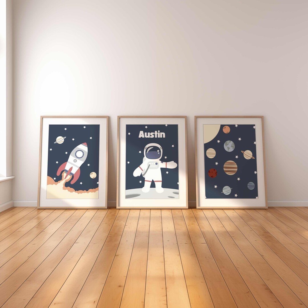 Space Themed Nursery Wall Art Set of 3, Personalized Baby Name Space ...