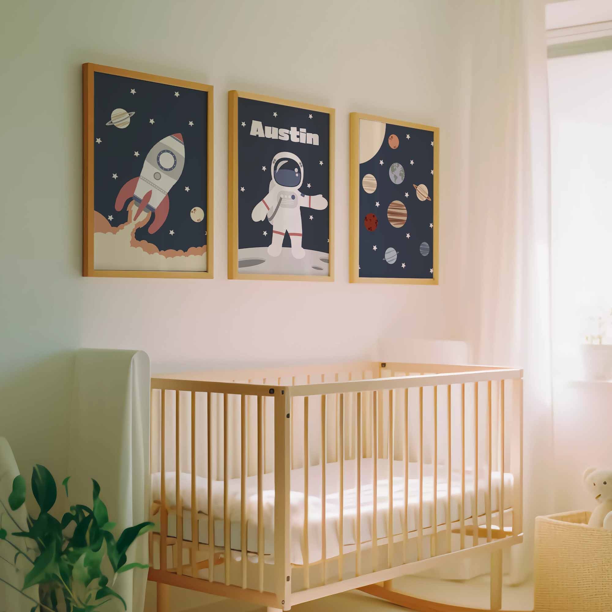 Space Themed Nursery Wall Art Set of 3, Personalized Baby Name Space ...