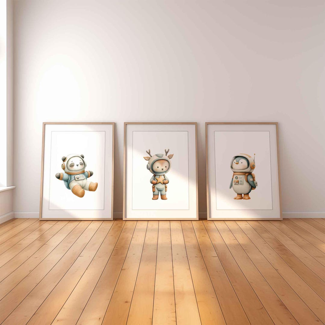 Space Nursery Wall Art Set of 3 | Astronaut Animals Illustration ...