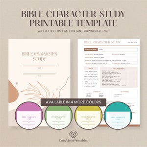 May include: A printable Bible Character Study template in PDF format. The design features a neutral color palette with a minimalist aesthetic. The template includes sections for name, year, traits, strengths, and weaknesses. Available in A4, Letter, B5, and A5 sizes.