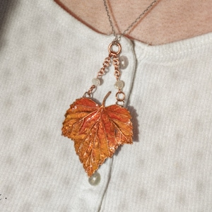 Real Garden Leaf with Pearls pendant | Electroformed handmade copper jewelry | Made of a real leaf, fairy jewellery, copper, orange enamel