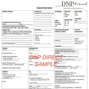 May include: A white medical form with the title "Neuro/Stroke Brain" and a section for "Consult", "Allergies", "Activity", "Isolation", "Code Status", "Rehab Eval", "Pressors/Dilators/Other ICU Drips", "Type of Restraints", "Sedation", "Stroke Order Set Initiated", "Current NIH Stroke Scale Score", "Deficits", "Diagnoses/Labs", "Dysphagia Screen", "Medications", "VTE PPX", "Documentation", "Care Plan", "Discharge: Med Reconciliation".