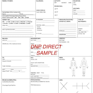 Puede incluir: Un formulario médico blanco con el título "SBAR" y las palabras "DNP Direct" en azul y rojo. El formulario está dividido en secciones para la información del paciente, incluyendo nombre, alergias, estado del código, acceso IV, respiratorio, neuro, GI, GU, piel, laboratorios y psicosocial.