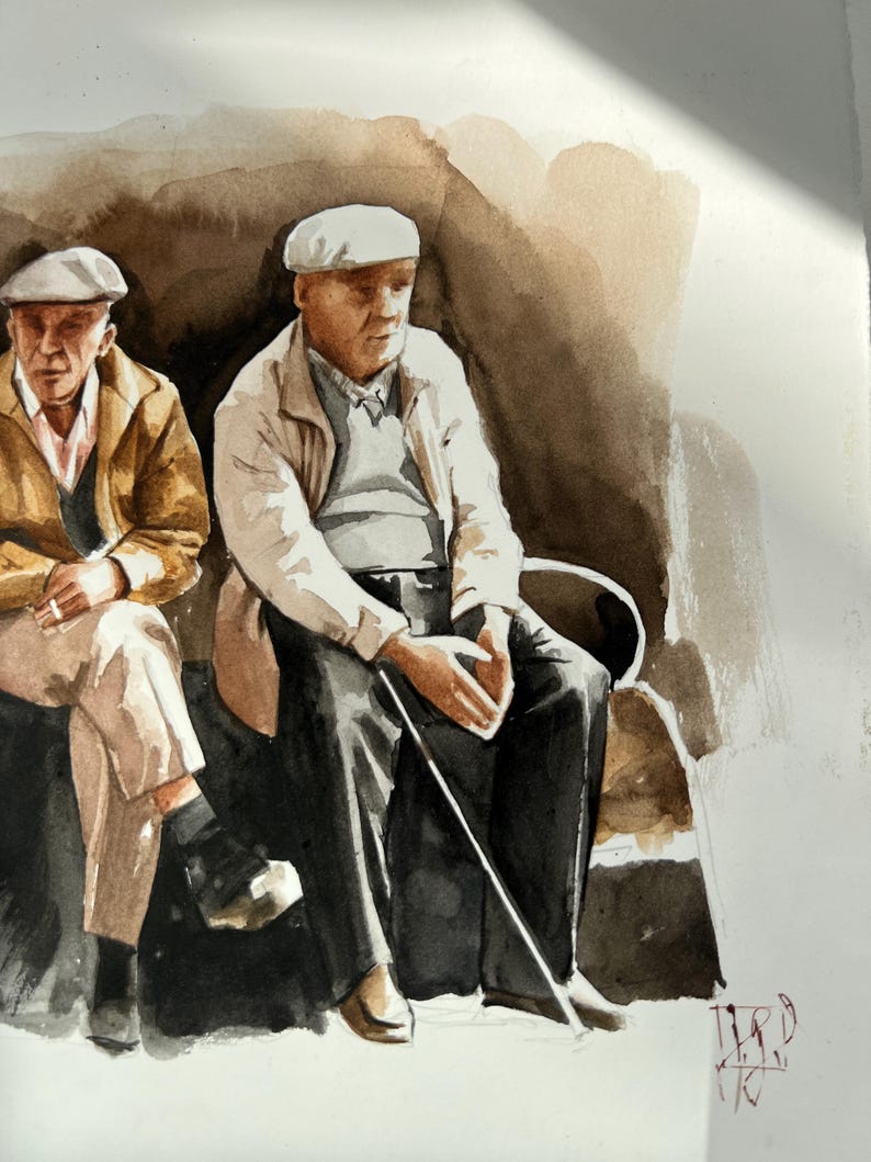 Aquarelkunst Oude Vrienden Oudere Mannen Zitten Samen Vintage aquarelkunst-oude-vrienden-oudere-mannen-zitten-samen-vintage