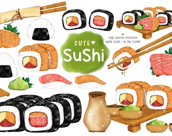 Cute Sushi Clipart - kawaii sushi Japanese food clipart.Cartoon, Water Color, Instant Digital Download, commercial use