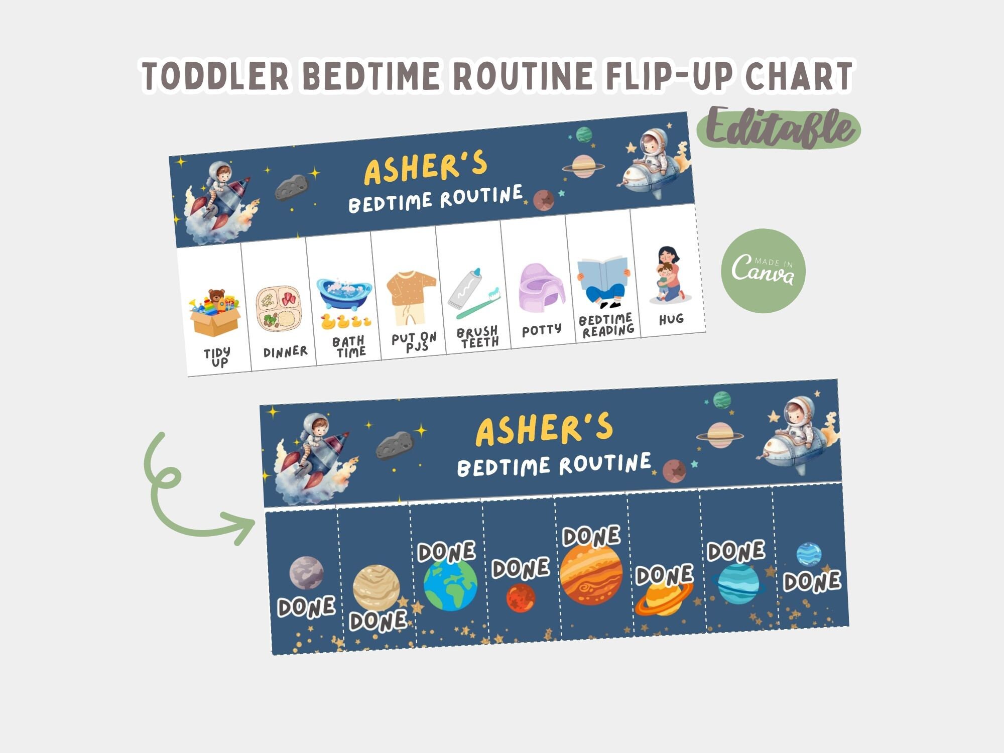 Editable Kid Bedtime Routine Chart for Preschool Toddler Visual