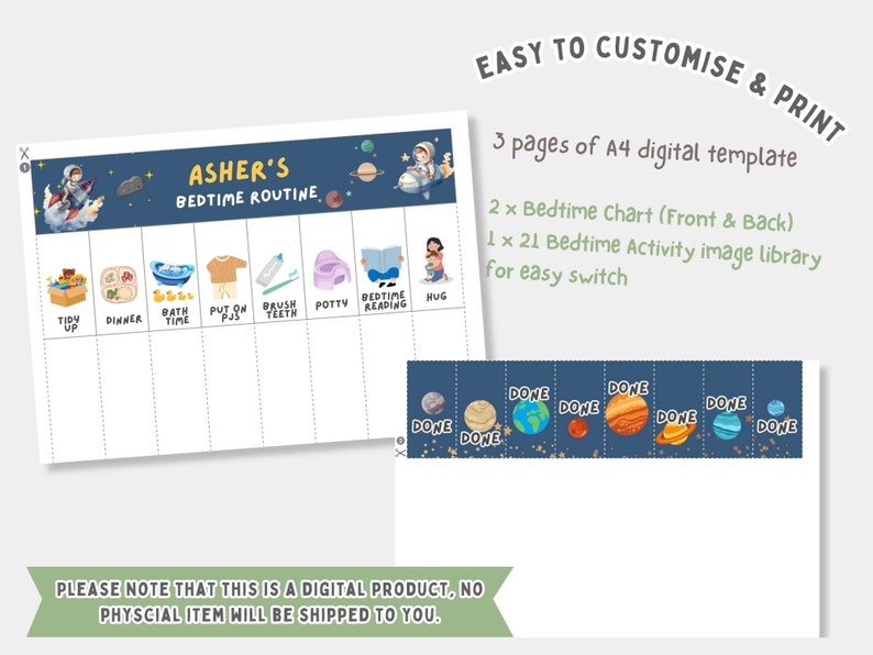 Editable Kid Bedtime Routine Chart for Preschool Toddler Visual