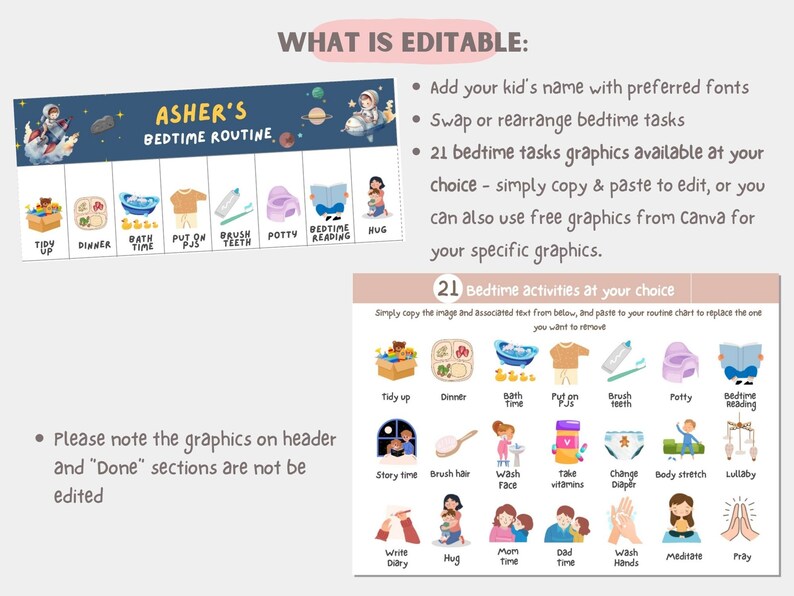 Editable Kid Bedtime Routine Chart for Preschool Toddler Visual