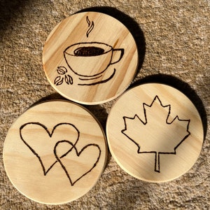 Round Wood Burned Coaster Set, Housewarming, Any occasion, Gift. Get 1 or set of 2 / 4/ 6/ 8