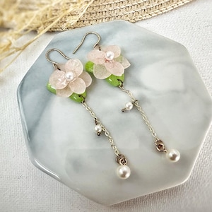 Real Hydrangea Drop Earrings/Handmade Dried Hydrangea Earrings/Two Tone Real Flower Earrings/Real Flower Jewelry/Pearl Earrings