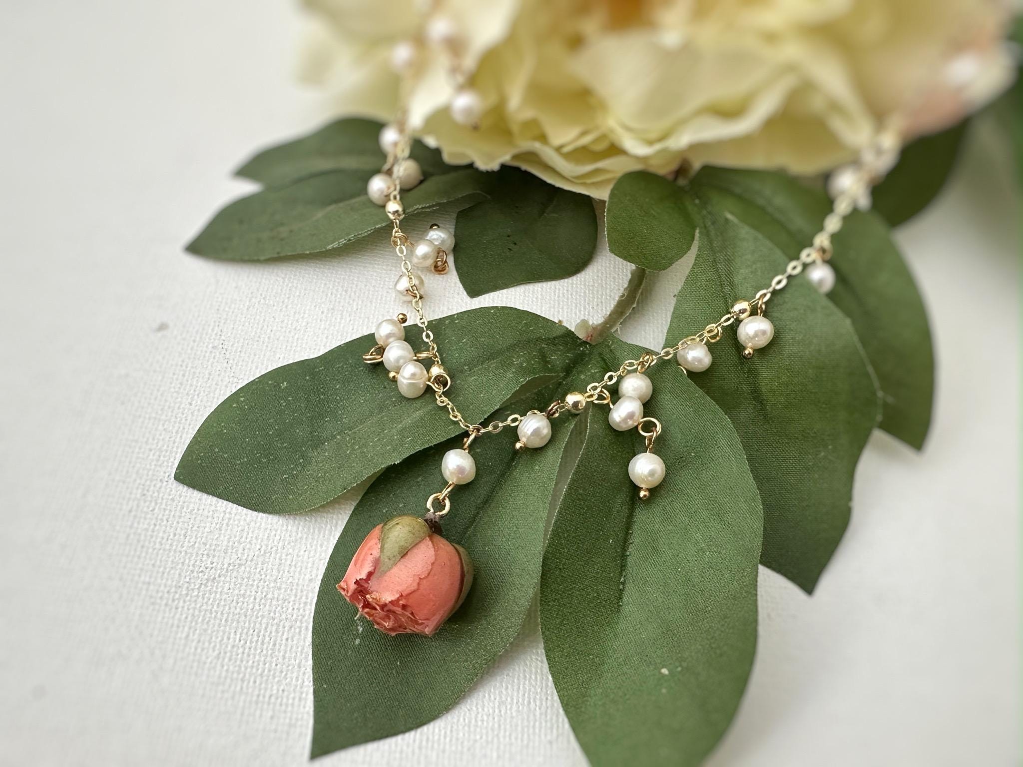 Real Rose Necklace/natural Pearl Necklace/resin Rose