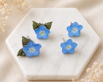 Forget-Me-Not Flower Stud Earrings, Real Flowers & Resin (Handmade)