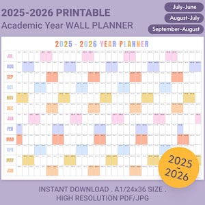 2025-2026 Wall Planner | Academic Year Planner | Monthly Planner | Year to View | Back to School Planner | Academic Calendar HorizontalColor