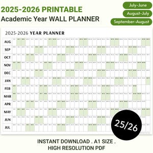 2025-2026 Wall Planner | Academic Year Planner | Monthly Planner | Year to View | Back to School Planner | Academic Calendar HorizontalGreen