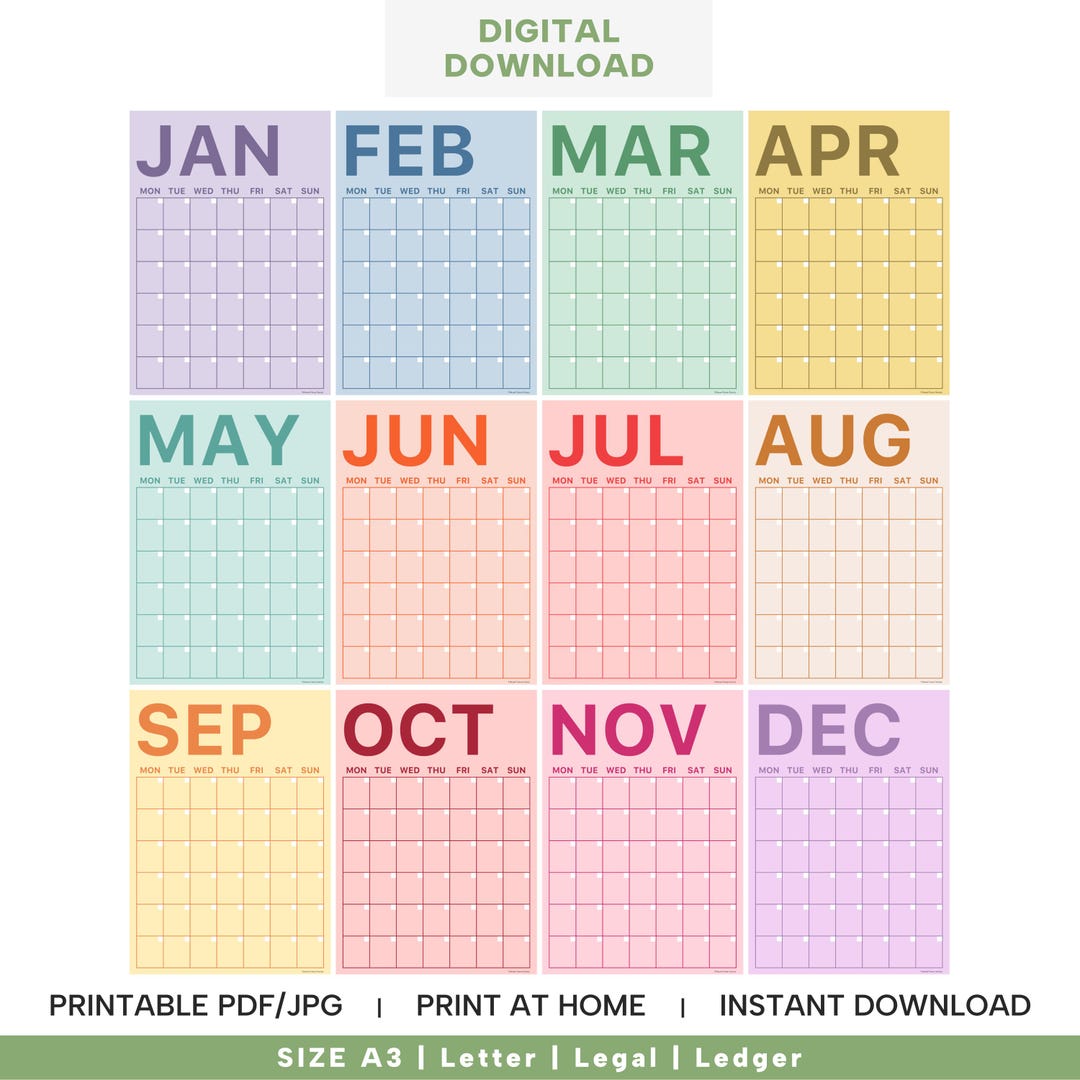 Rainbow Monthly Wall Calendar | A3 Printable Planner (digital Download