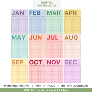 Giant Monthly Wall Planner A3 Colorful | XL Wall Planner | Individual Pages | Perpetual | Undated Wall Planner | Undated Wall Calendar