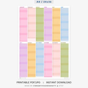 May include: A0 size (24x36 inches) yearly planner with a colorful design. Each month is represented by a different color, with the months labeled across the top and bottom. The planner is available as a printable PDF/JPG and instant download.