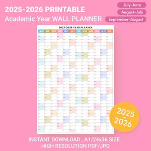 2025-2026 Wall Planner | Academic Year Planner | Monthly Planner | Year to View | Back to School Planner | Academic Calendar Vertical Color