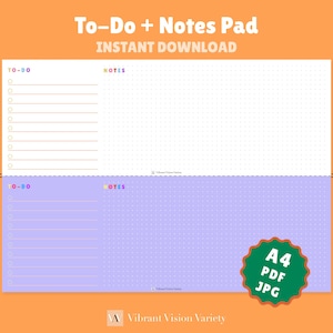 Op de afbeelding: Een printbare to-do-lijst en notitieblok met een witte achtergrond en een paarse achtergrond. Het bovenste gedeelte heeft een witte achtergrond met een gestippeld patroon en het onderste gedeelte heeft een paarse achtergrond met een gestippeld patroon. De tekst "To-Do + Notes Pad" staat bovenaan de pagina. De tekst "Instant Download" staat onder de titel. De tekst "A4 PDF JPG" staat in een groene cirkel rechtsonder op de pagina.