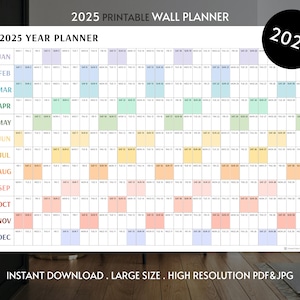 Calendario de pared gigante 2025, planificador de pared 2025, planificador anual, planificador mensual, planificador anual 2025, digital (horizontal/arcoíris)
