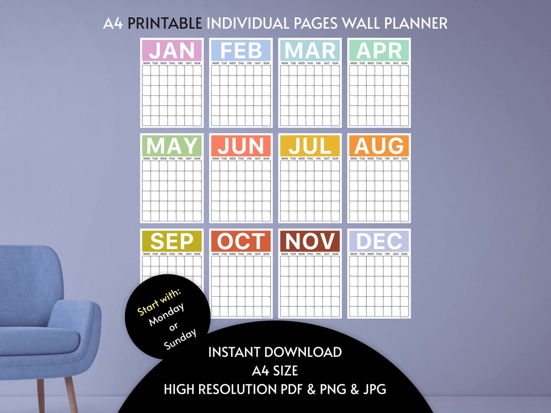 Giant Monthly Wall Planner A4 Colourful | XL Wall Planner | Individual ...