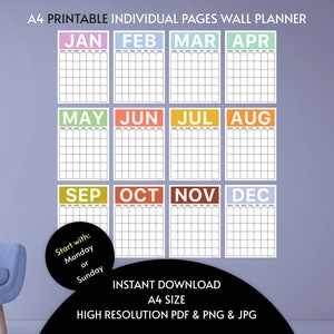 Giant Monthly Wall Planner A4 Colourful | XL Wall Planner | Individual Pages | Perpetual | Undated Wall Planner | Undated Wall Calendar