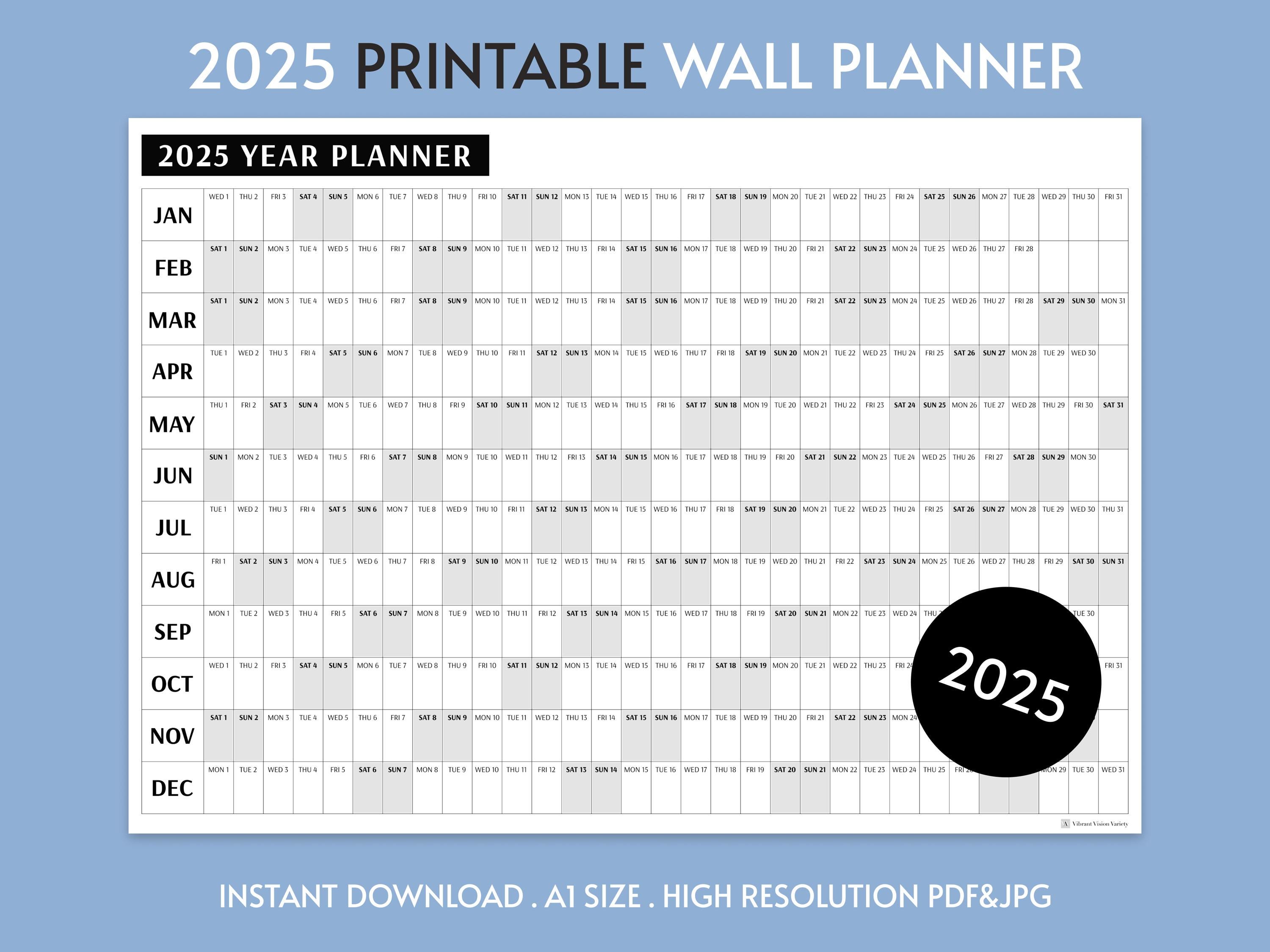 Giant 2025 Wall Calendar, 2025 Wall Planner, Annual Planner, Yearly Planner, Monthly Planner, 2025 Year Planner, Digital (Horizontal / Gray)