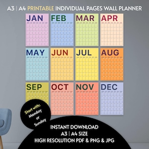 Giant Monthly Wall Planner A3 A4 Colourful | XL Wall Planner | Individual Pages | Perpetual | Undated Wall Planner | Undated Wall Calendar