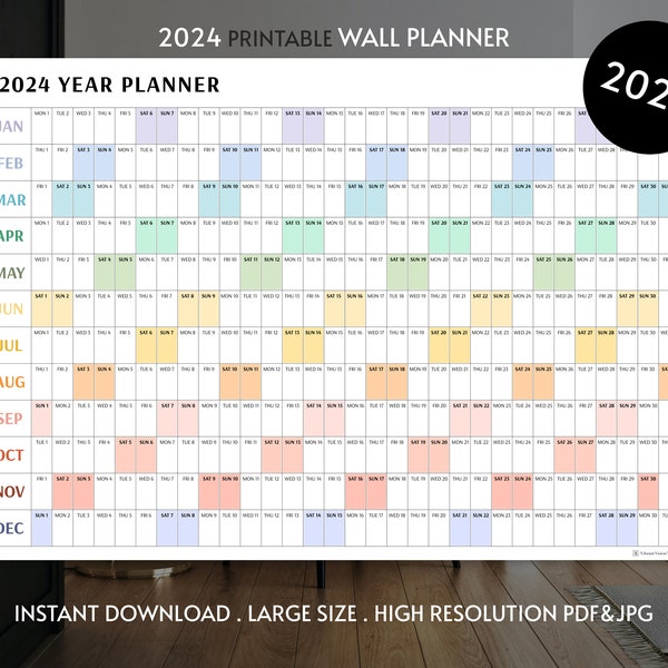 Giant 2024 Wall Calendar, 2024 Wall Planner, Annual Planner, Yearly Planner, Monthly Planner, 2024 Year Planner (Horizontal / Rainbow)