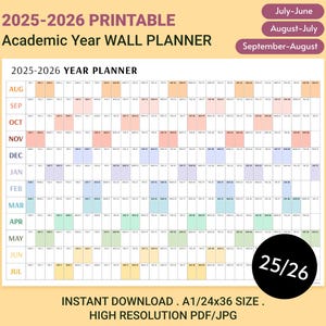 Planificador de pared 2025-2026 / Planificador del año académico / Planificador mensual / Vista del año / Planificador de regreso a clases / Calendario académico horizontal a color