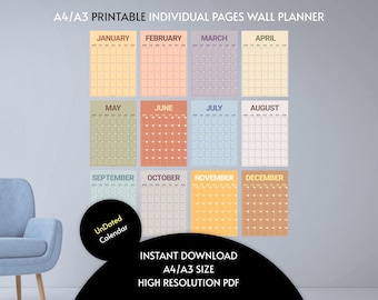 May include: A set of 12 printable calendar pages in A4/A3 size. Each page features a different month of the year, with a colorful background and a simple grid layout. The calendar is undated, allowing for flexibility in use.