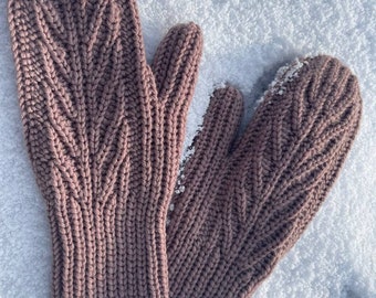 Crochet mittens, Hand-made mittens, Chocolate mittens, Merino wool mittens