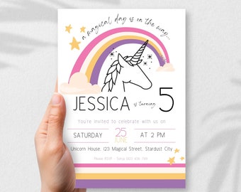 Invitación de cumpleaños de unicornio, invitación editable para fiesta de unicornio arcoíris, invitación de cumpleaños de niña unicornio morado y rosa, descarga digital, etiqueta de unicornio