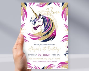 Unicorn Invitation, Editable Teen Unicorn Birthday Invitation Template, Horse Invite, Teenager Girl Birthday Invite, Unicorn Thank you tag