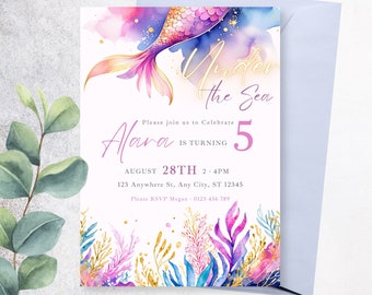 Under the Sea Invitation, Editable Little Mermaid Under the Sea Birthday Invite Template, Ocean theme Under the Sea Mermaid Thank you tag