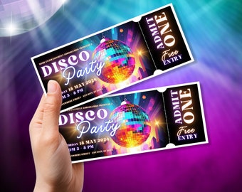 Disco Party Ticket, Dance Party Ticket, Editable Dance Invitation ticket, Retro Neon Disco ticket, Event ticket Template, Editable in Canva
