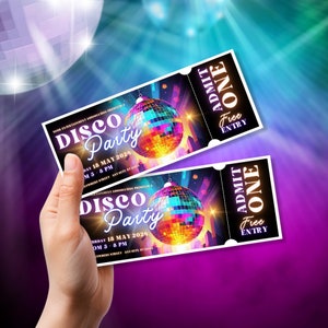 Disco Party Ticket, Dance Party Ticket, bearbeitbare Tanzeinladungskarte, Retro Neon Disco-Karte, Ereigniskartenvorlage, bearbeitbar in Canva